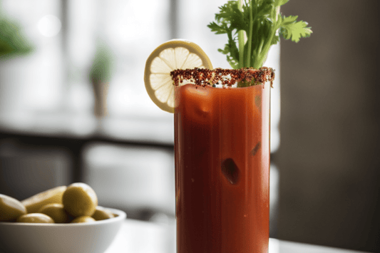 Cocktail Bloody Mary classico piccante con bordo di sale di sedano e contorno di sottaceti