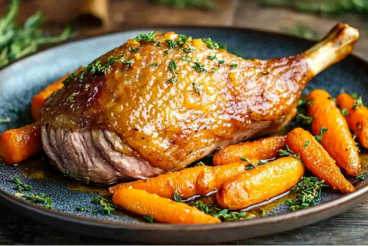 Crispy Duck Leg with Orange Glaze and Roasted Root Vegetables