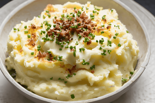 Purée de pommes de terre crémeuses avec du cheddar, du bacon et de la ciboulette