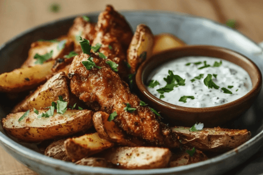 Fénage de poulet croustillant au four avec des quartiers épicés et une trempette au yaourt à l'ail