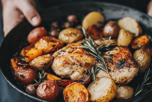 Poulet au beurre à l'ail à un pan avec légumes et pommes de terre