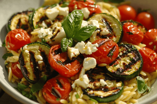 Salade d'orzo à légumes d'été avec vinaigrette au citron