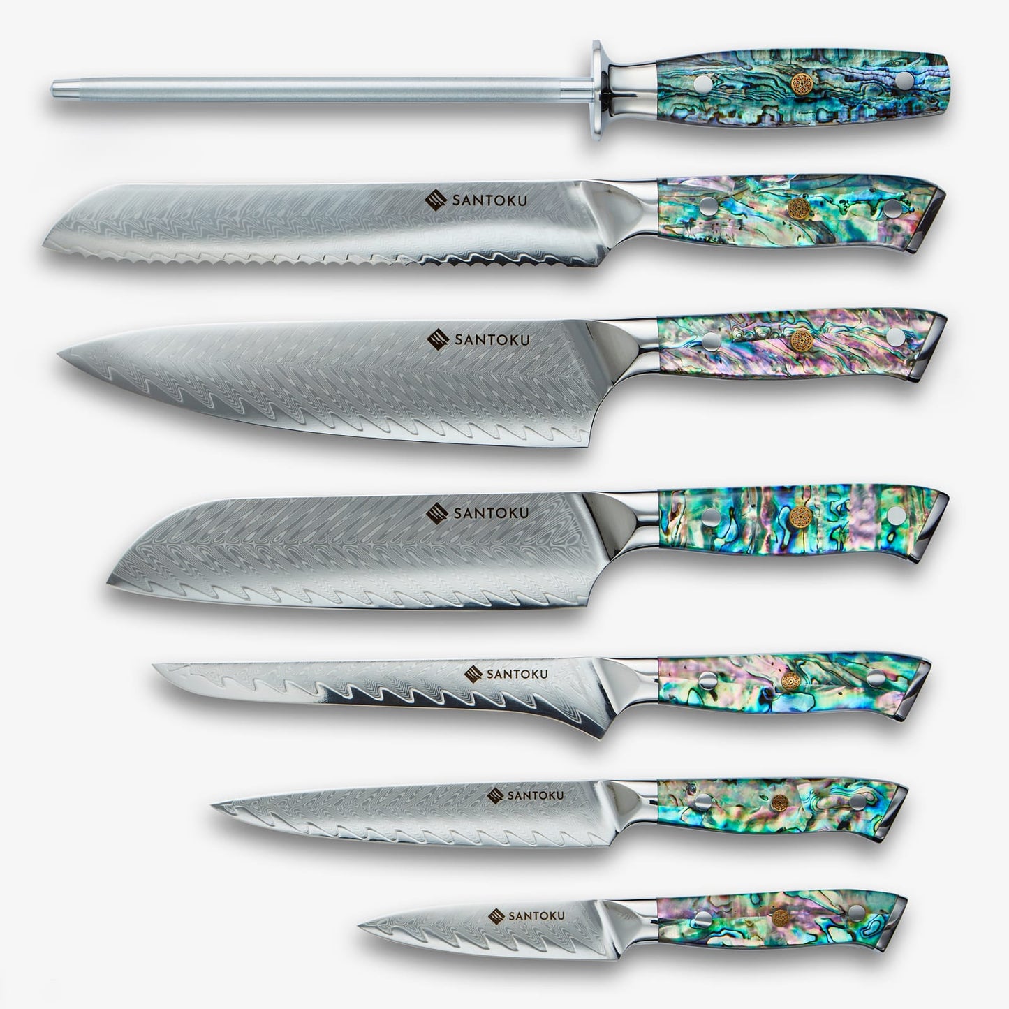 Chikashi (ちかし) Damas Steel Knife Set avec poignée d'ormeau