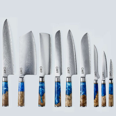 Aiko Blue (あいこ, アイコ) Damasco Knife in acciaio con maniglia di resina blu colorata