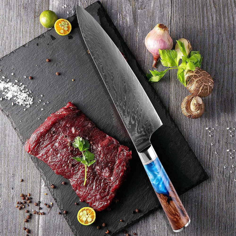 Gyuto (牛刀) Couteau en acier Damas avec poignée de résine bleu colorée