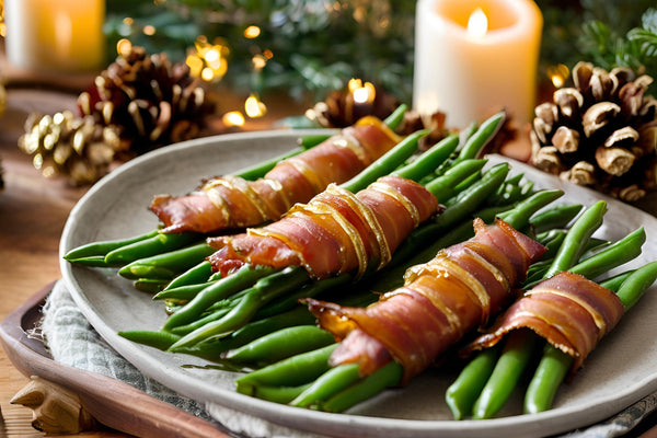 Paquets de haricots verts enveloppés de bacon