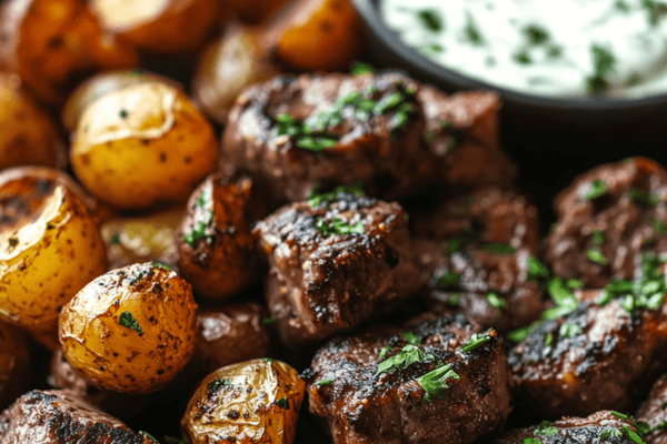 Saturday Night Dinner: Garlic Butter Steak Bites with Roasted Baby Potatoes and Herbed Aioli