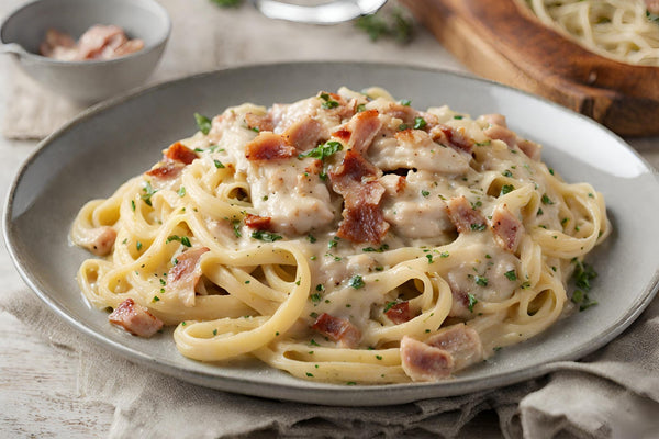 Luxueux poulet crémeux carbonara avec pancetta croustillante