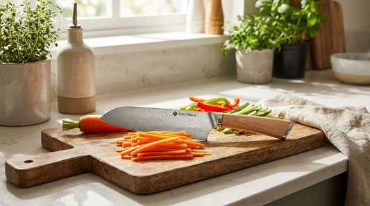 A Haruta Damascus santoku knife on a wooden board beside neatly julienned carrots and vegetables