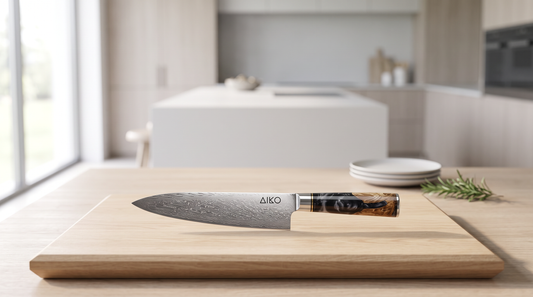 A double-bevel Japanese-steel Damascus knife on a wooden board, suitable for left or right-handed use