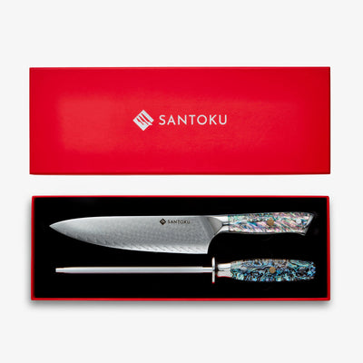 Chikashi (ちかし) Damas Chef Knife & Steel Set avec poignée d'ormeaux