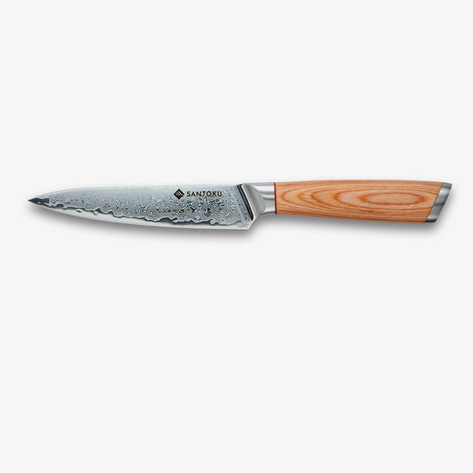 Coltello multiuso giapponese in acciaio damasco Haruta da 5 pollici VG10 con manico in legno e fodero
