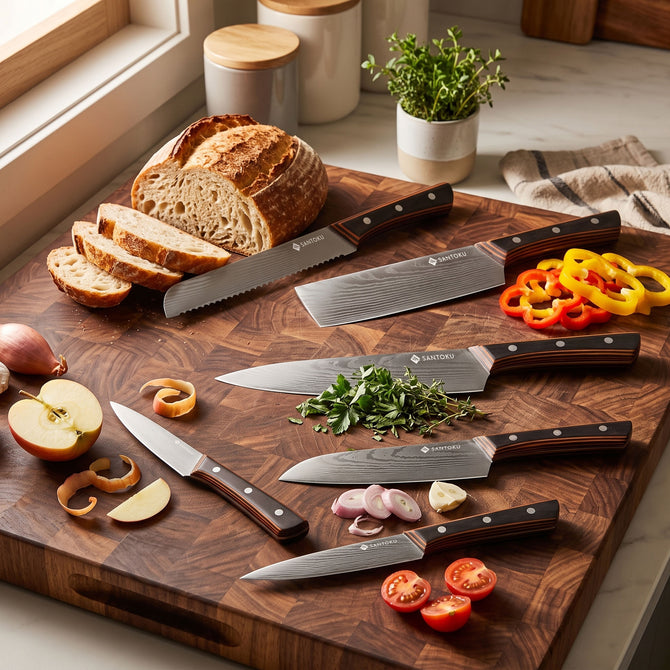 Yuhi - Ensemble de 6 couteaux de cuisine à motif damas avec poignées en bois de Pakka et coffret cadeau