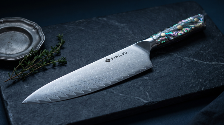 Close-up of the 67-layer Damascus cladding on a Chikashi VG10 chef knife with an abalone handle, resting on dark soapstone in cool low-key light