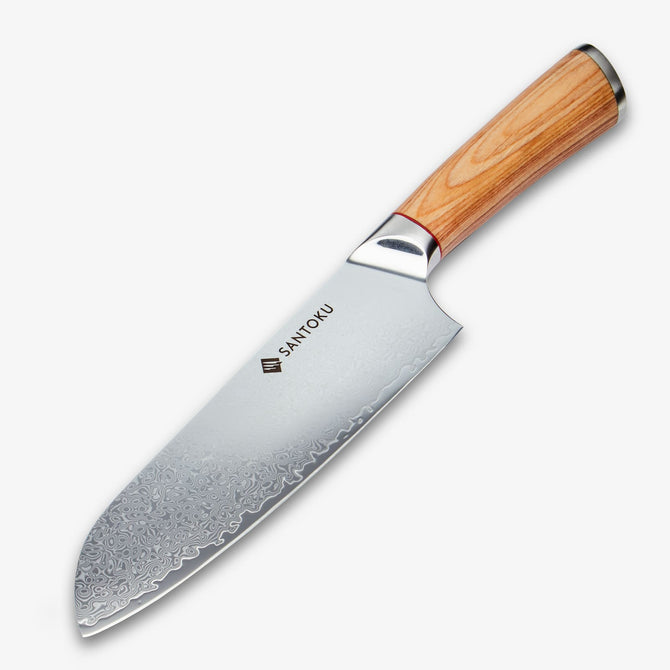 Haruta Couteau Santoku japonais en acier de Damas VG10 de 7 pouces avec manche en bois et fourreau