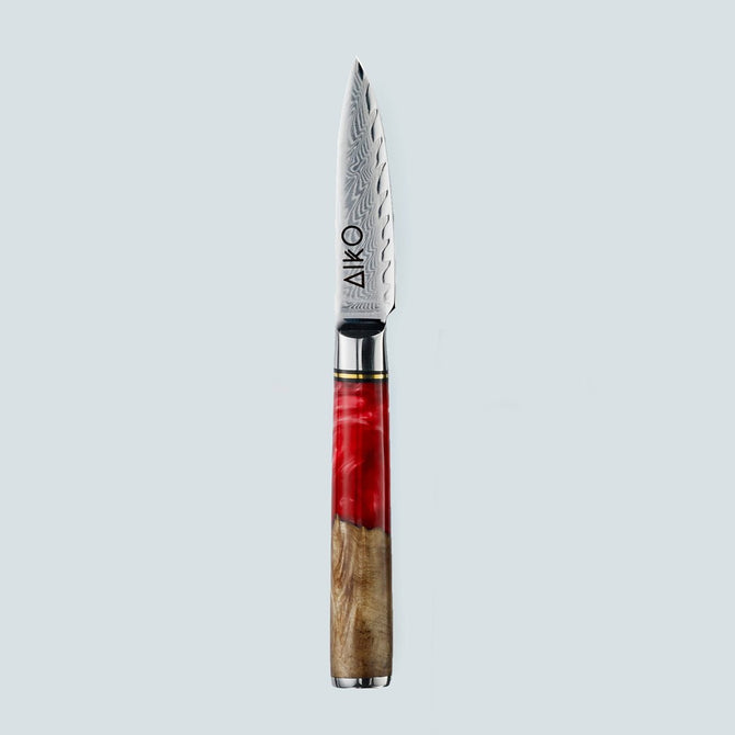Couteau en acier Damas rouge Aiko avec manche en résine rouge colorée