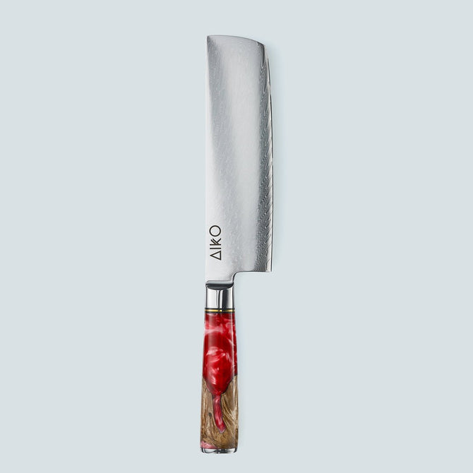 Couteau en acier Damas rouge Aiko avec manche en résine rouge colorée