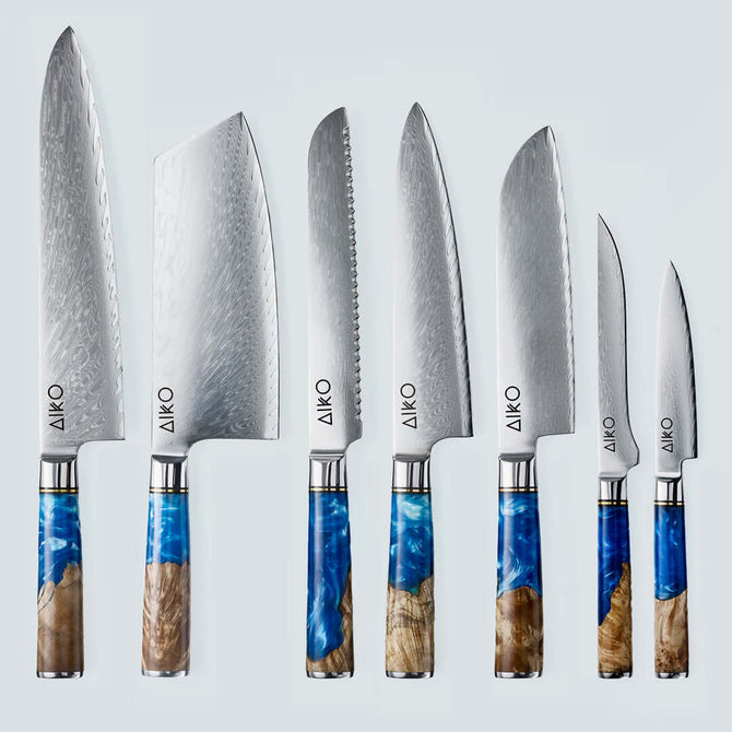 Coltello Aiko in Acciaio Damasco Blu con Manico in Resina Color Blu