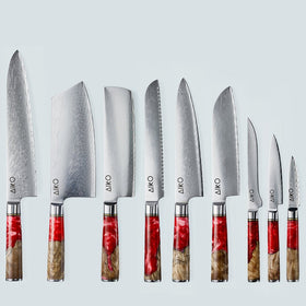 Coltello Aiko in acciaio damasco rosso con manico in resina colorata rossa