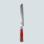 Couteau en acier Damas rouge Aiko avec manche en résine rouge colorée