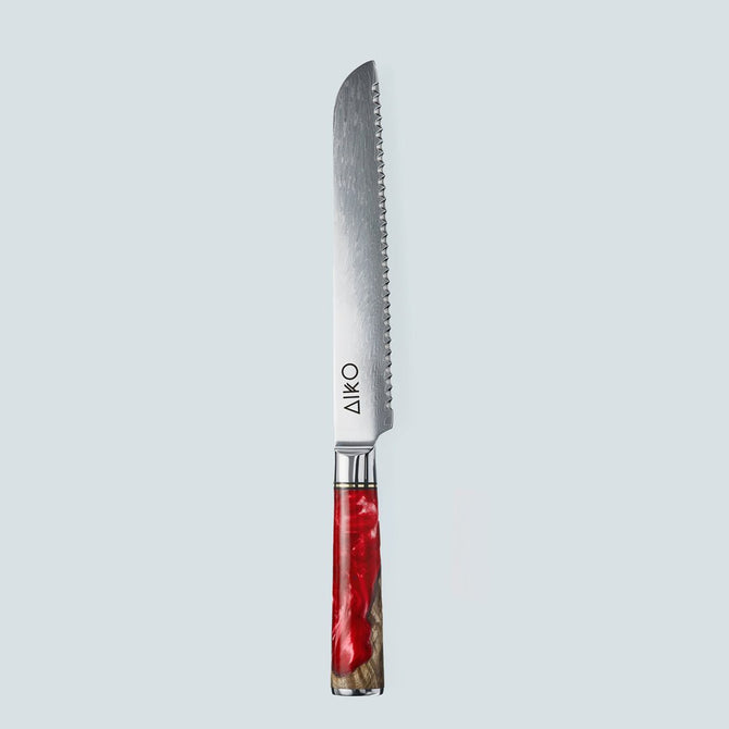 Couteau en acier Damas rouge Aiko avec manche en résine rouge colorée