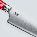 Couteau en acier Damas rouge Aiko avec manche en résine rouge colorée